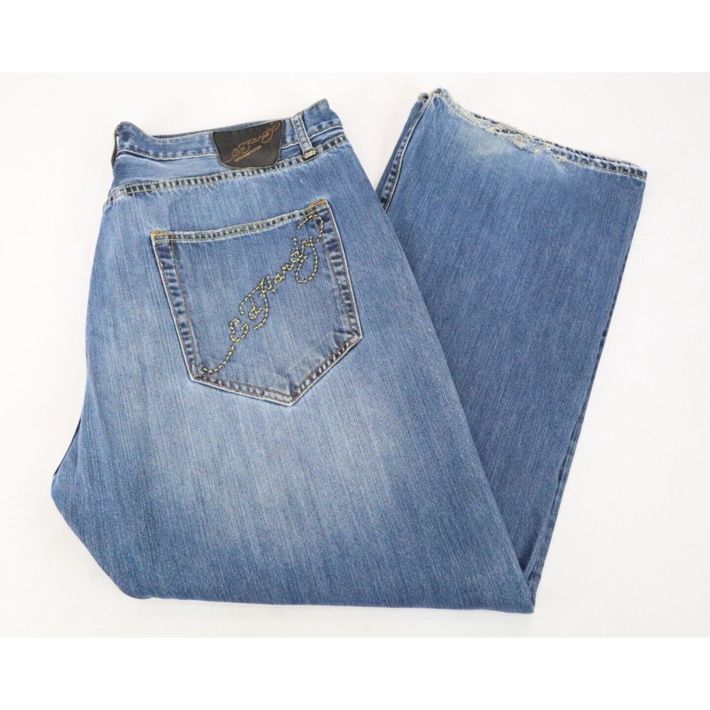 Vintage Y2K‎ Ed Hardy Sz 44x34 Logo Distressed Blue Denim Jeans Spell Out